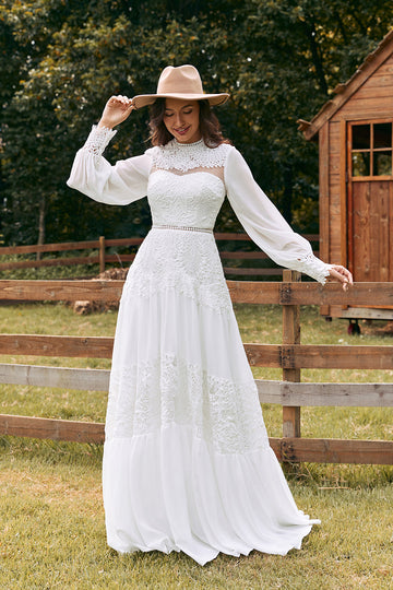 Vestido de novia boho de manga larga marfil con encaje